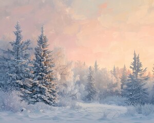 A serene pastel winter scene, with snow-covered trees and a pale pink sky at sunrise,