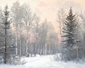 A serene pastel winter scene, with snow-covered trees and a pale pink sky at sunrise,