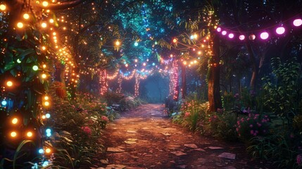 A whimsical garden pathway bedecked with colorful festive lights, creating a dreamlike evening ambiance.