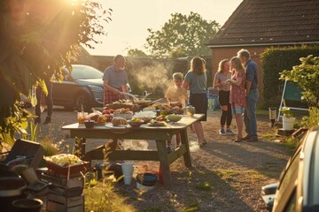 A family enjoying outdoor cooking at an evening barbecue - Powered by Adobe