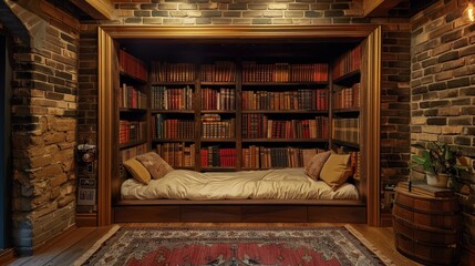A cozy reading nook nestled between wooden bookshelves and exposed brick walls, inviting relaxation with plush cushions and warm lighting. - obrazy, fototapety, plakaty
