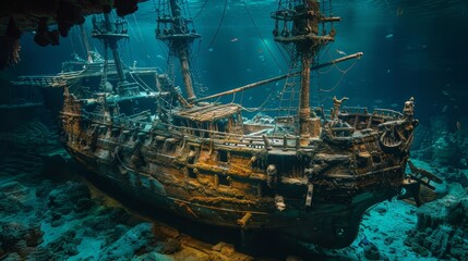 A hauntingly beautiful underwater scene of a sunken shipwreck teeming with marine life, resting on the ocean floor. - obrazy, fototapety, plakaty