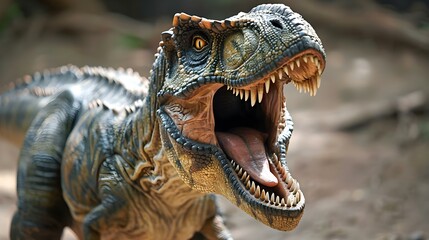 A Tyrannosaurus rex roaring with its jaws open in a menacing display. Concept Dinosaur, Tyrannosaurus rex, Roaring, Jaws Open, Menacing Display