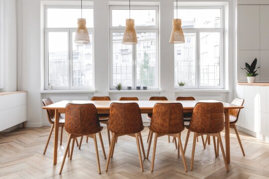 Minimalist Scandinavian dining room with an oak table and chairs in amber and brown tones