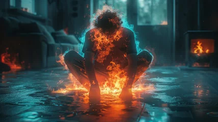 Fotobehang Portrait of inner turmoil: A man contemplates in flames, a visual metaphor for the anguish of living with anxiety,generative ai © Chanya2498