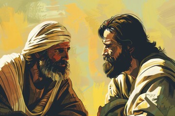 Illustration of Jesus Christ in deep conversation with a Pharisee, showcasing a moment of intense theological discussion and enlightenment.