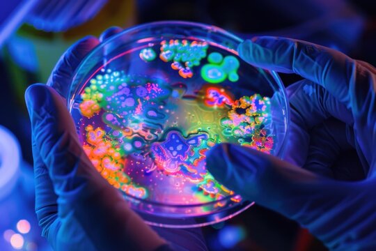A closeup of hands holding and examining an artistic petri dish with vibrant