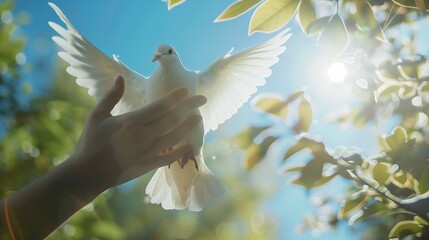 In a tranquil garden, hands folded in prayer release a pure white dove into the clear blue sky.

