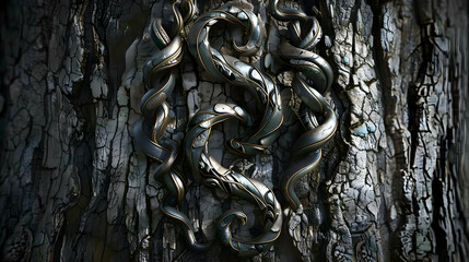 A winding vine creeping up the trunk of an ancient tree, nature's own intricate artwork adorning...