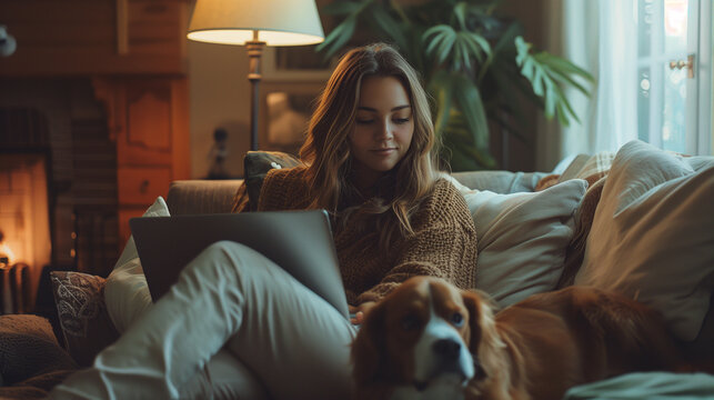 young women working from home with a dog companion