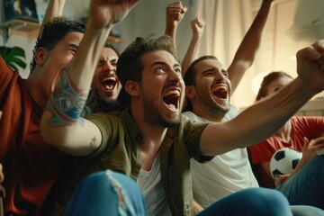 A group of friends sitting on the couch cheering and laughing while watching sports or movies