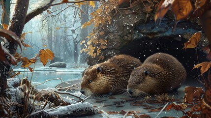 A serene scene of beavers peacefully hibernating in their candy cave , no contrast - obrazy, fototapety, plakaty