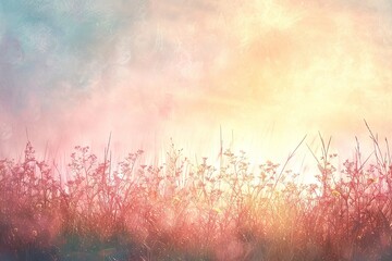 Lyrical abstract rendering of a meadow at dawn, with soft pastel shades and a peaceful, poetic ambiance. - obrazy, fototapety, plakaty