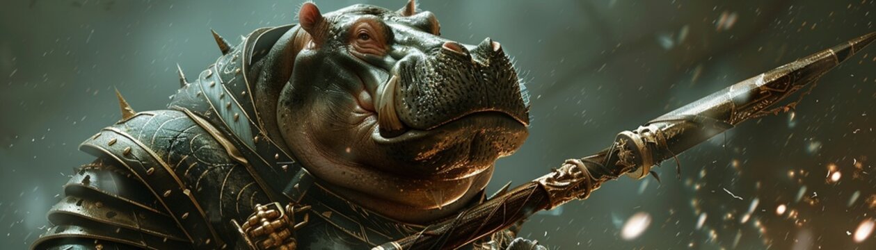 A powerful and formidable hippo warrior decked out in armor and holding a fearsome weapon , clean sharp focus