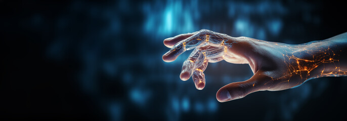 Hand touching futuristic medical technology with hologram - obrazy, fototapety, plakaty