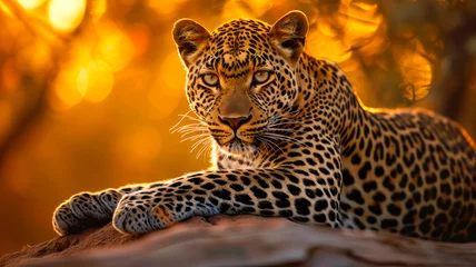 Fotobehang Ein Leopard, eine wilde Katze in freier Bahn. Ein Tier in voller Pracht. © shokokoart