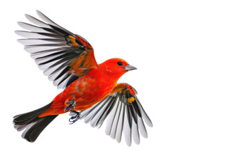 flying scarlet tanager on isolated transparent background - obrazy, fototapety, plakaty