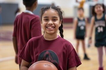 A young girl smiling and holding a basketball
