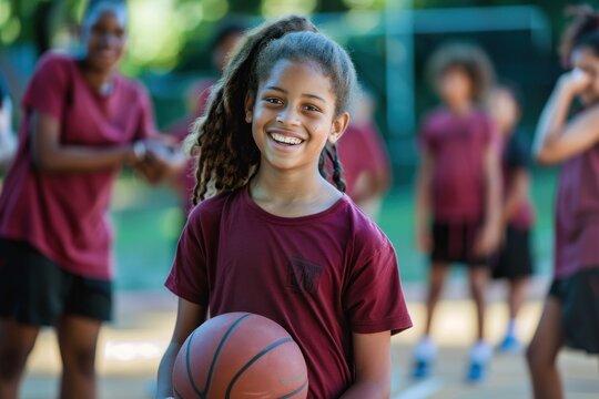 A young girl smiling and holding a basketball