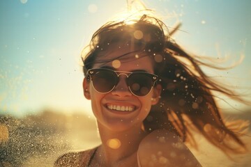 A photo of a beautiful woman smiling and having fun at the beach with friends
