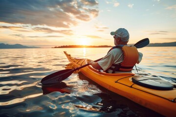 Elderly man in an oversized life jacket kayaking on the calm waters of Lake. Realistic golden hour lighting
