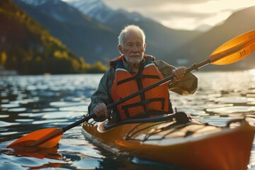 Elderly man in an oversized life jacket kayaking on the calm waters of Lake. Realistic golden hour lighting - Powered by Adobe