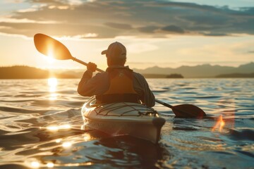 Elderly man in an oversized life jacket kayaking on the calm waters of Lake. Realistic golden hour lighting