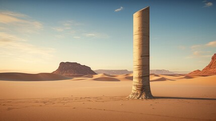 Surrounded by ever-changing desert a Doric column anchors in surreal landscape