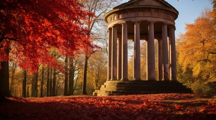 Vibrant autumn foliage frames a Doric temple highlighting its serene beauty - obrazy, fototapety, plakaty