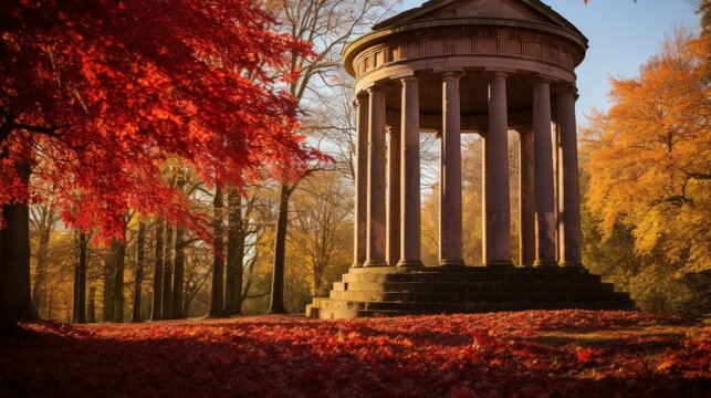 Vibrant autumn foliage frames a Doric temple highlighting its serene beauty
