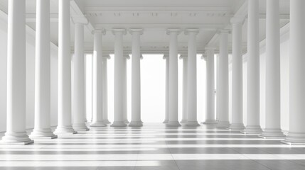 Symmetry of Doric colonnade accentuated in minimalist space with reflective surfaces - obrazy, fototapety, plakaty