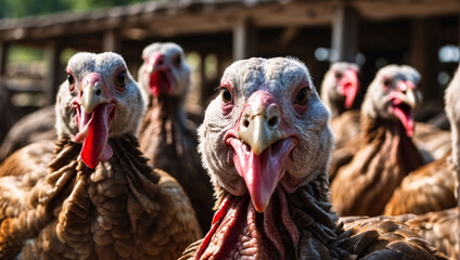 Shot of a rural farm shows turkeys looking at the camera. Turkey farm, poultry farming, farm animals, agriculture, raising turkeys in a rustic, rural setting. Turkey farm close-up, rural agriculture - Powered by Adobe