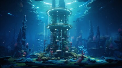 Futuristic underwater city features a Doric column surrounded by glowing sea life - obrazy, fototapety, plakaty