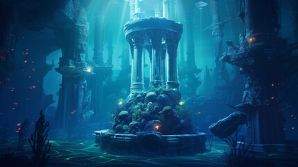 In a futuristic underwater city a Doric column stands among bioluminescent creatures - obrazy, fototapety, plakaty