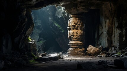 At a mystical cave entrance a Doric column stands as a beacon for adventurers - obrazy, fototapety, plakaty