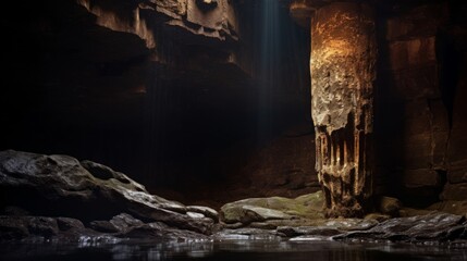 Mystical cave's entrance marked by a Doric column inviting exploration into its depths