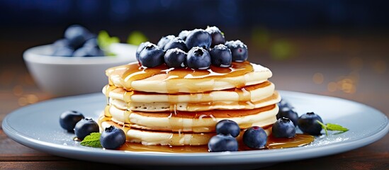 Giraffe pancakes with syrup and blueberries on a plate - obrazy, fototapety, plakaty
