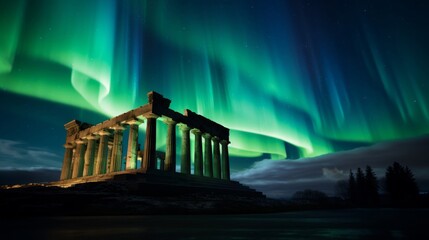 Ethereal glow of the Aurora Borealis bathes a Doric temple in celestial light