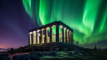 Doric temple under the Aurora Borealis a dance of colors above ancient stones - obrazy, fototapety, plakaty
