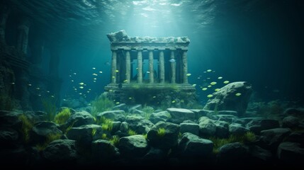 Serene underwater world hosts vibrant life around Doric temple - obrazy, fototapety, plakaty