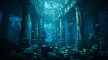 Submerged Doric temple in bioluminescent underwater world