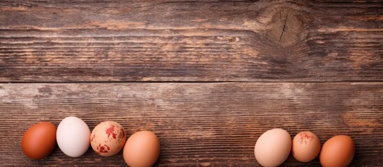Eggs arranged on wooden tabletop with backdrop of wood