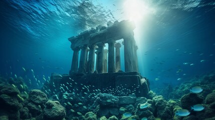 Bioluminescent sea life swirls around submerged Doric temple - obrazy, fototapety, plakaty