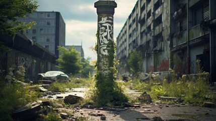Post-apocalyptic landscape features Doric column nature reclaiming city