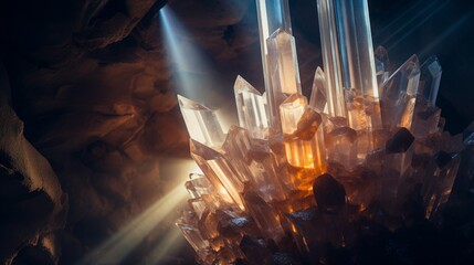 Luminous cave crystals surround Doric column dazzling spectacle - obrazy, fototapety, plakaty