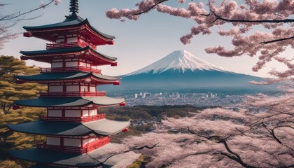 Japan at Chureito Pagoda and Mt. Fuji in the spring with cherry blossoms - obrazy, fototapety, plakaty