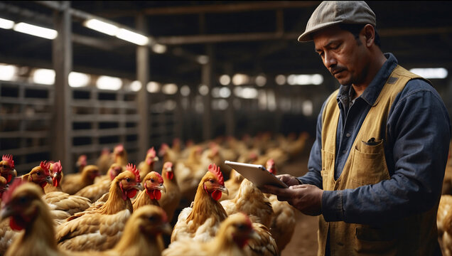 In heart of busy poultry farm, a worker skillfully balances the demands of technology and tradition. With tablet in hand, he combines modern management techniques with time-tested farming techniques