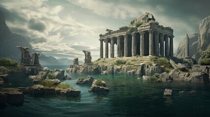 Amid floating islands a Doric temple links ancient and fantastical worlds - obrazy, fototapety, plakaty