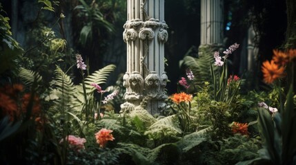 Naklejka premium Alien garden flourishes around a Doric column blending the familiar with the unknown