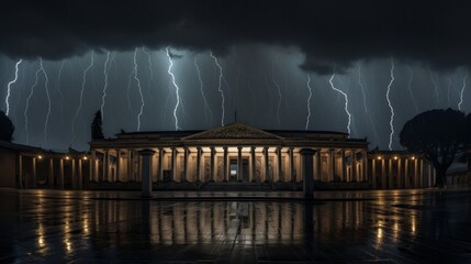 Rain and lightning besiege a Doric colonnade a spectacle of nature's wrath - obrazy, fototapety, plakaty